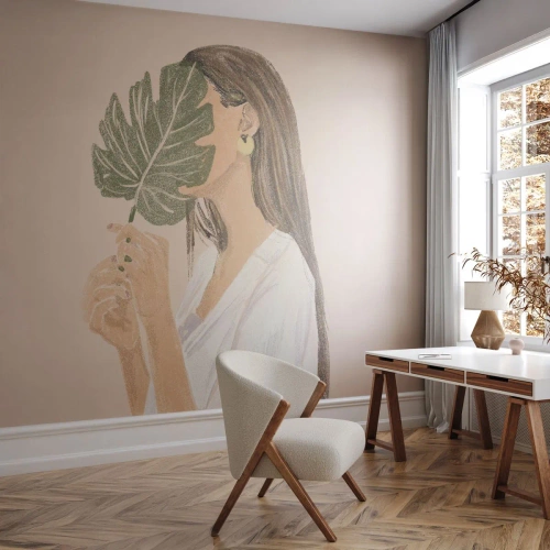 Fototapet Premium Canvas - Mystisk portræt med en vifte - Blad, Kvinde, Boho - 350x256 cm