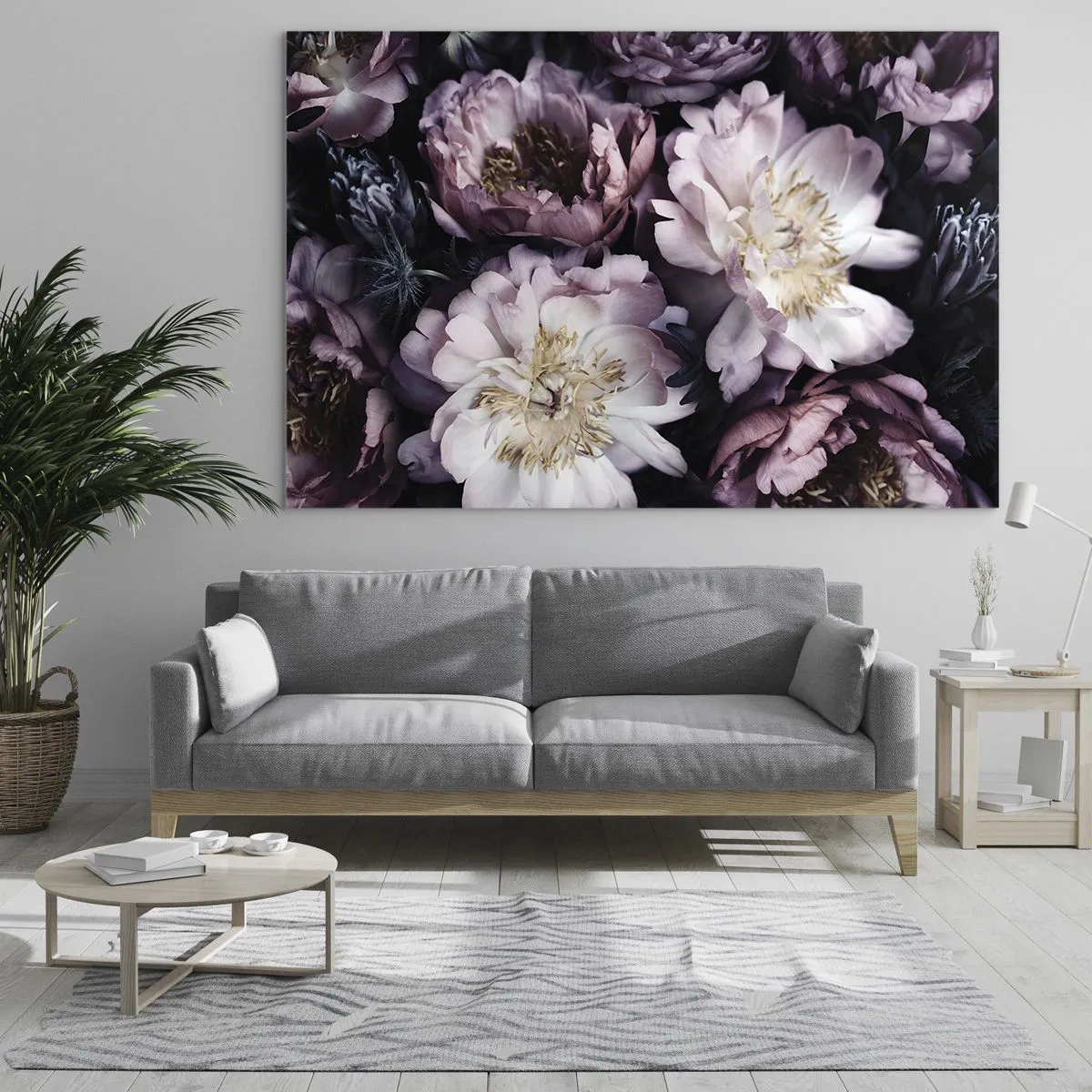 Billede på glas - En romantisk buket pæoner i dæmpede lilla og pink farver - 70x50cm - Gammeldags buket - Moderne vægdekoration til stue og soveværelse ARTTOR