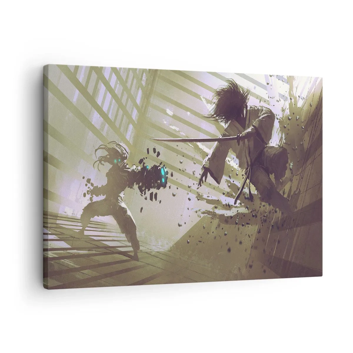 Lærredstryk - Billede på lærred - Dynamisk kamp mellem to karakterer i en futuristisk stil - 70x50cm - Og du kan være en samurai - Moderne vægdekoration til stue og soveværelse ARTTOR