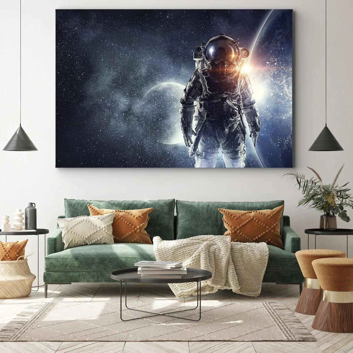 Lærredstryk - Billede på lærred - Astronaut på baggrund af rummet og planeten Jorden - 70x50cm - Et kosmisk eventyr - Moderne vægdekoration til stue og soveværelse ARTTOR
