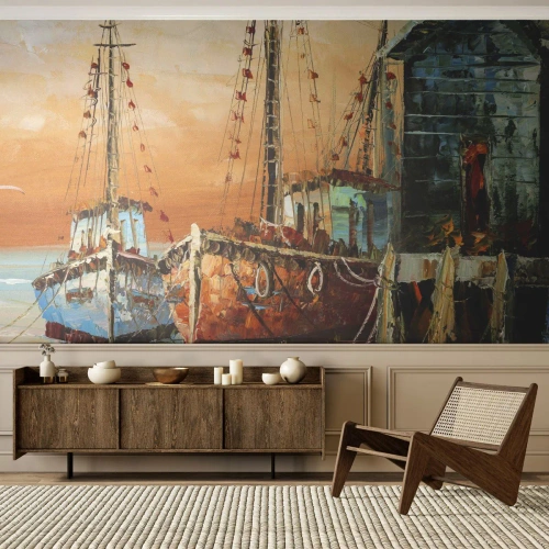 Fototapet Premium Sand - Fredelig tilbagevenden - Fiskebåd, Fiskerihavn, Stykke - 100x70 cm
