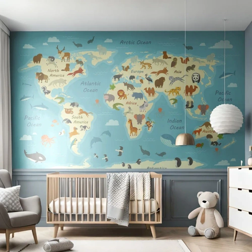 Fototapet Premium Canvas - Gode naboer - Verdenskort, Kort med dyr, Dyr - 450x315 cm