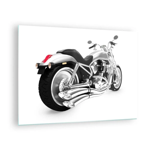 Billede på glas - En forkromet motorcykel i moderne stil på en hvid baggrund - 70x50cm - En drøm for samlere - Moderne vægdekoration til stue og soveværelse ARTTOR