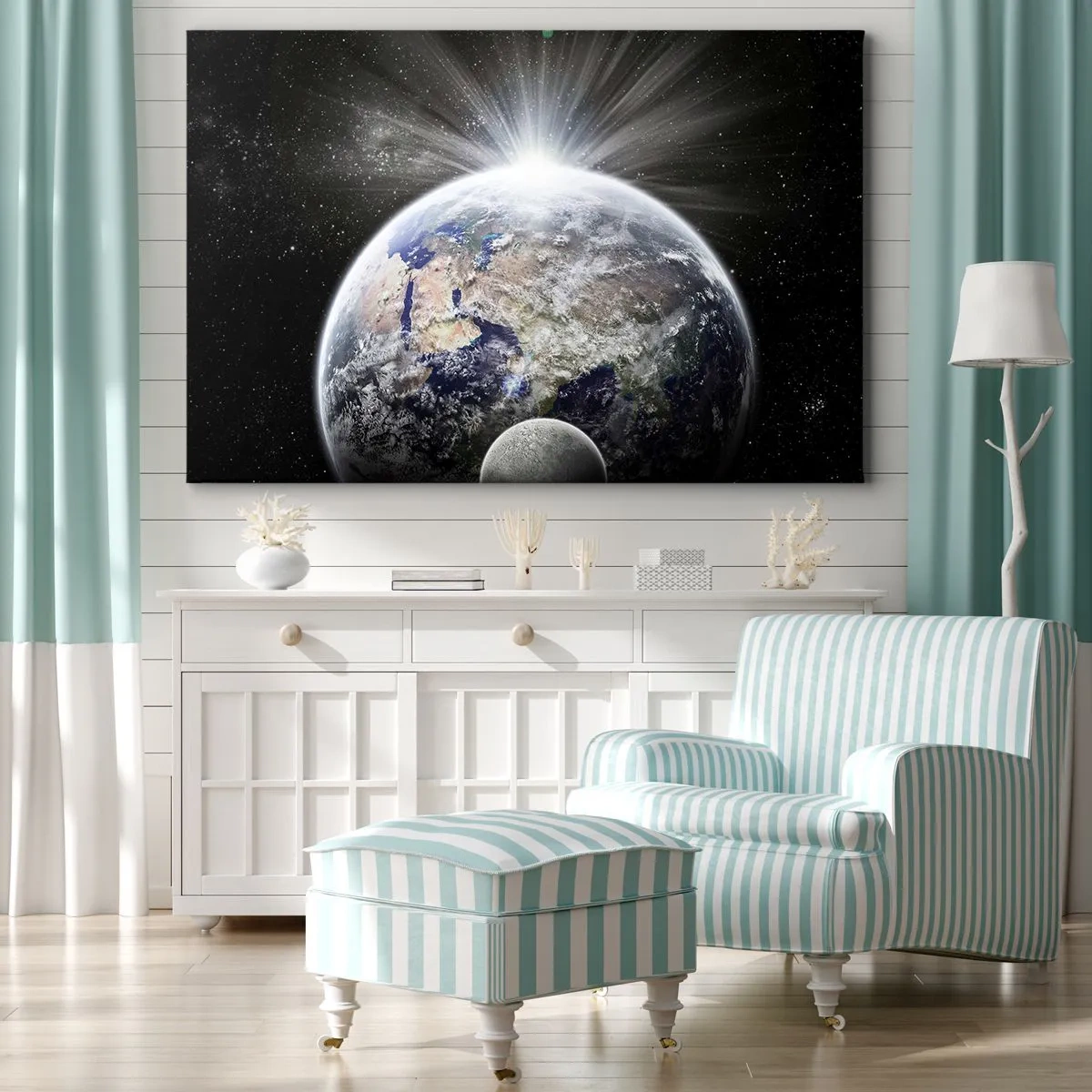 Lærredstryk - Billede på lærred - Jorden og Månen oplyst af rummets glød - 70x50cm - I fuldt blus - Moderne vægdekoration til stue og soveværelse ARTTOR