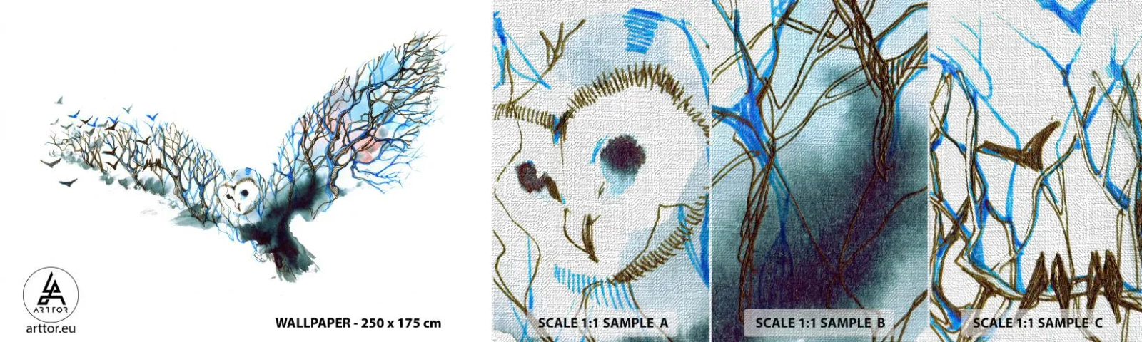 Prøve Fototapet Premium Canvas - På skovens vinger - Abstraktion, Ugle, Fugl - 100x30 cm