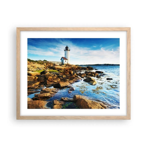 Plakat i ramme af lyst egetræ - Vend tilbage med glæde, jeg ser frem til - 50x40 cm