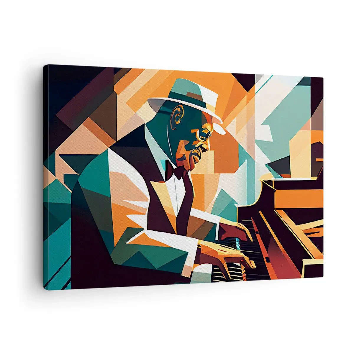 Lærredstryk - Billede på lærred - Abstrakt musiker spiller klaver i varme farver. - 70x50cm - Alt det jazz - Moderne vægdekoration til stue og soveværelse ARTTOR