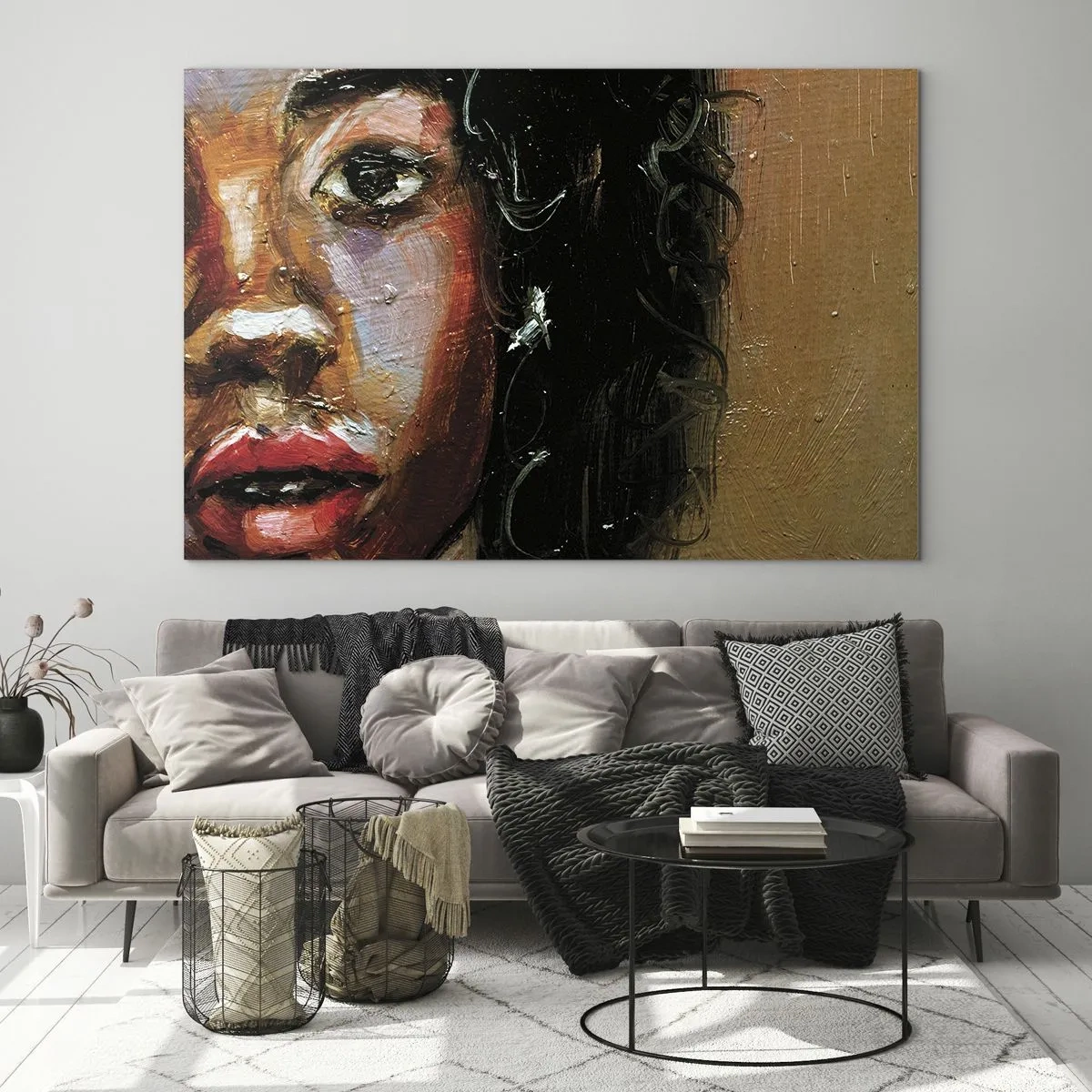 Billede på glas - Fragment af et farverigt portræt af en kvinde i malerisk stil - 70x50cm - Sort og glitter - Moderne vægdekoration til stue og soveværelse ARTTOR