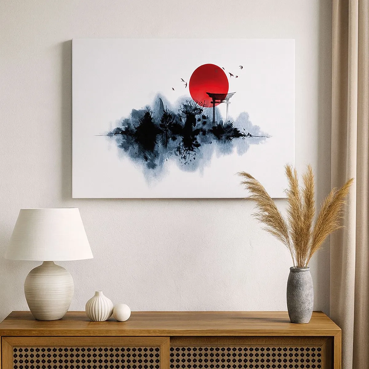 Lærredstryk - Billede på lærred - Rød sol over et malerisk landskab med torii - 70x50cm - Et japansk synspunkt - Moderne vægdekoration til stue og soveværelse ARTTOR