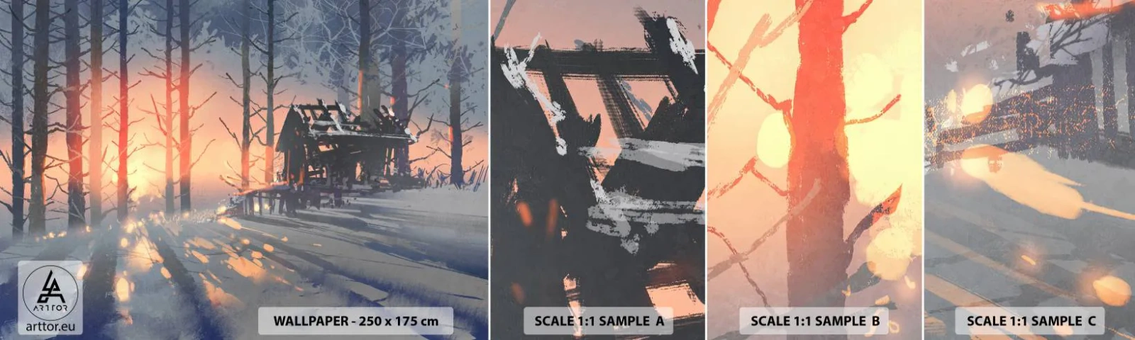 Prøve Fototapet Selvklæbende Deluxe Sticker - Kun solen kigger her - Landskab, Skovhytte, Skov - 100x30 cm