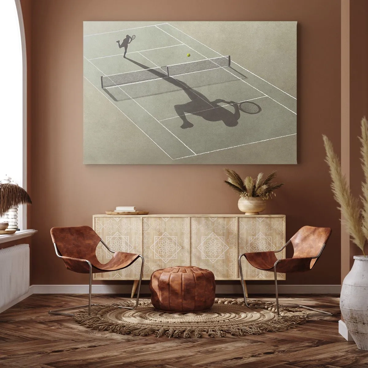 Lærredstryk - Billede på lærred - Skyggen af en tennisspiller på banen under en tenniskamp - 70x50cm - Overvind dig selv - Moderne vægdekoration til stue og soveværelse ARTTOR