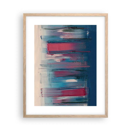 Plakat i ramme af lyst egetræ - Lodret komposition i blåt og rødt - 40x50 cm