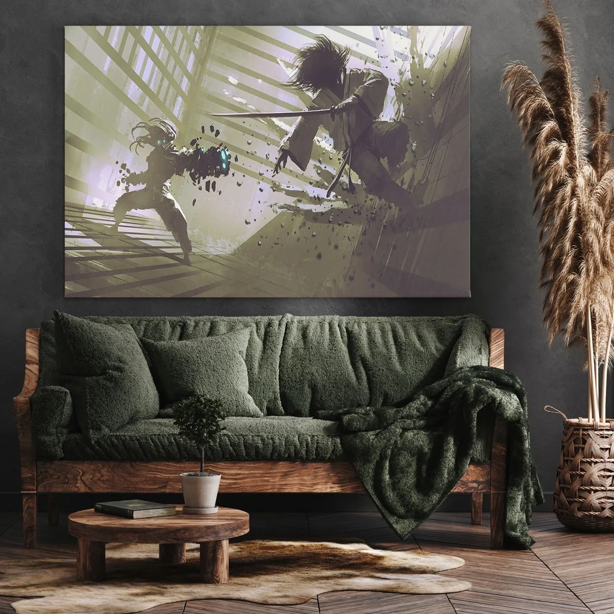 Lærredstryk - Billede på lærred - Dynamisk kamp mellem to karakterer i en futuristisk stil - 70x50cm - Og du kan være en samurai - Moderne vægdekoration til stue og soveværelse ARTTOR
