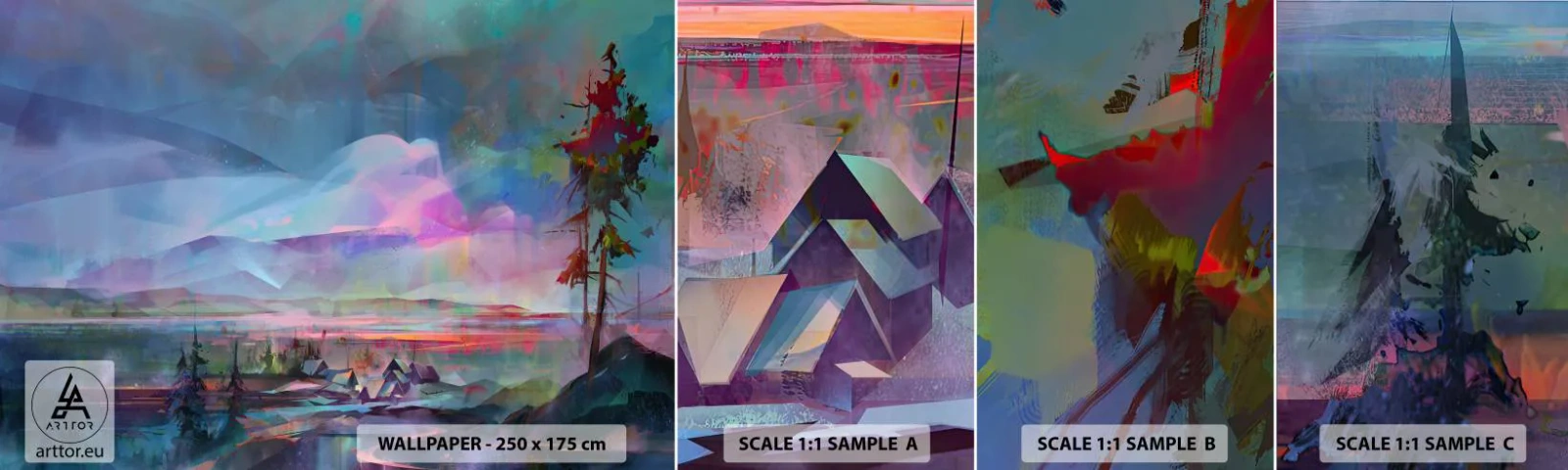 Prøve Fototapet Selvklæbende Deluxe Sticker - Under en venlig himmel - Abstraktion, Landskab, Bjerge - 100x30 cm