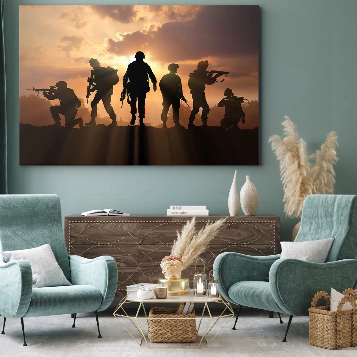 Lærredstryk - Billede på lærred - Soldater mod baggrunden af den nedgående sol i dynamiske omgivelser - 70x50cm - Brothers in arms - Moderne vægdekoration til stue og soveværelse ARTTOR