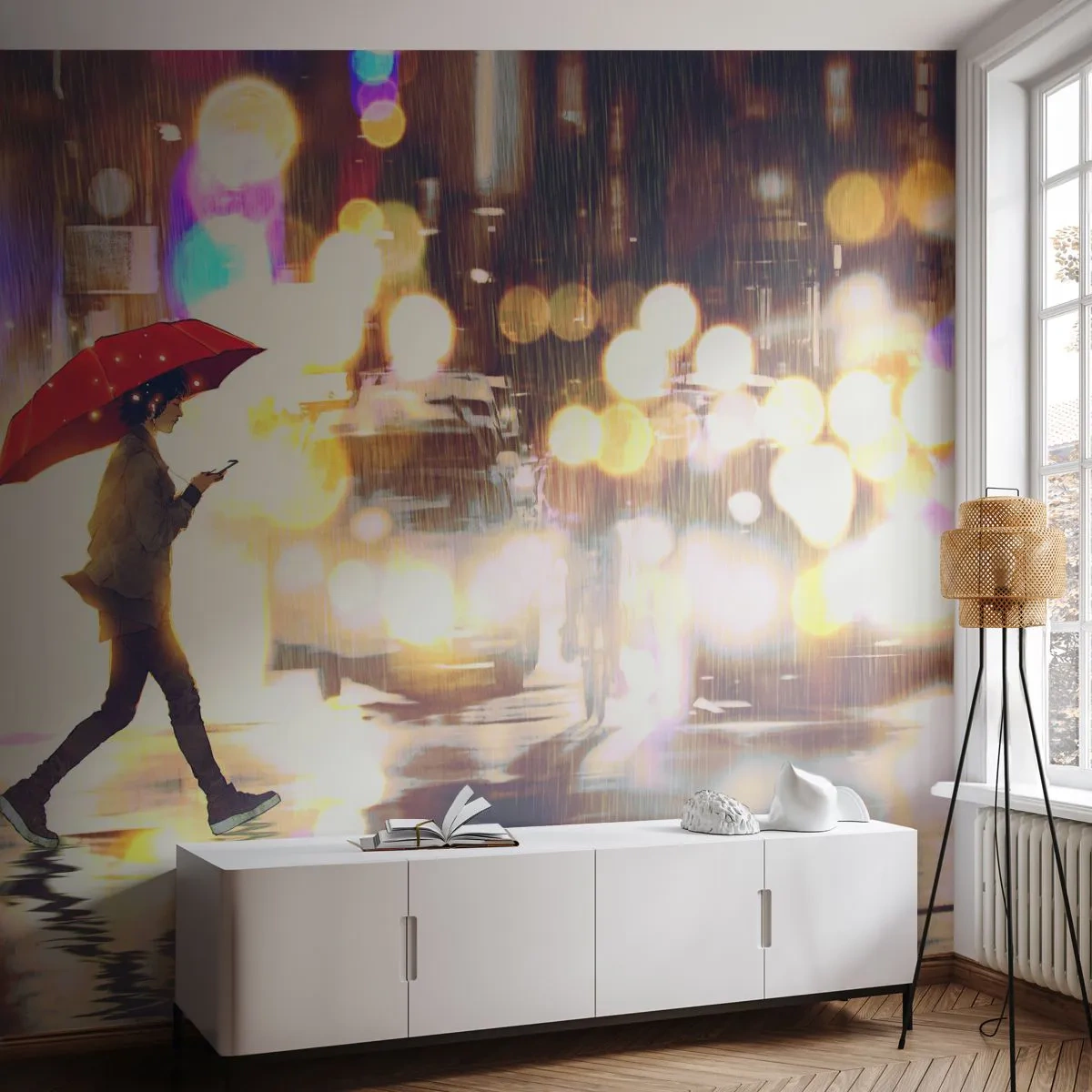 Fototapet Premium Sand - Alligevel solrigt - By, Gå i regnen, Paraply - 350x256 cm