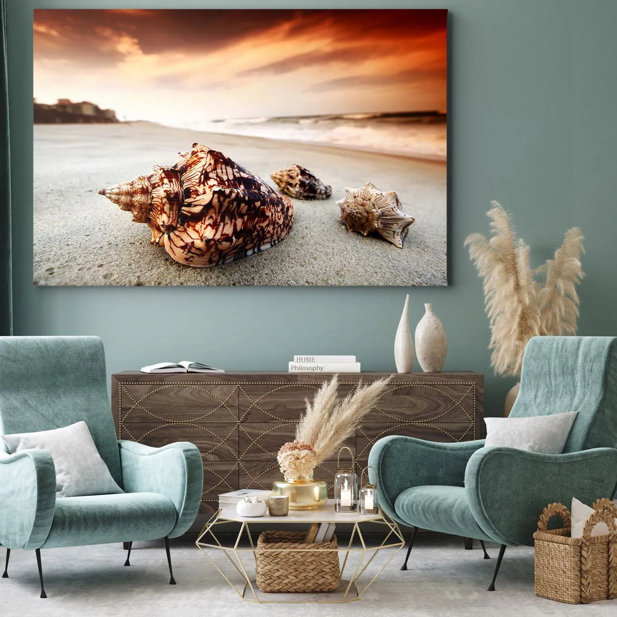 Lærredstryk - Billede på lærred - Muslingeskaller på stranden ved solnedgang - 70x50cm - Bølgebevægelser - Moderne vægdekoration til stue og soveværelse ARTTOR