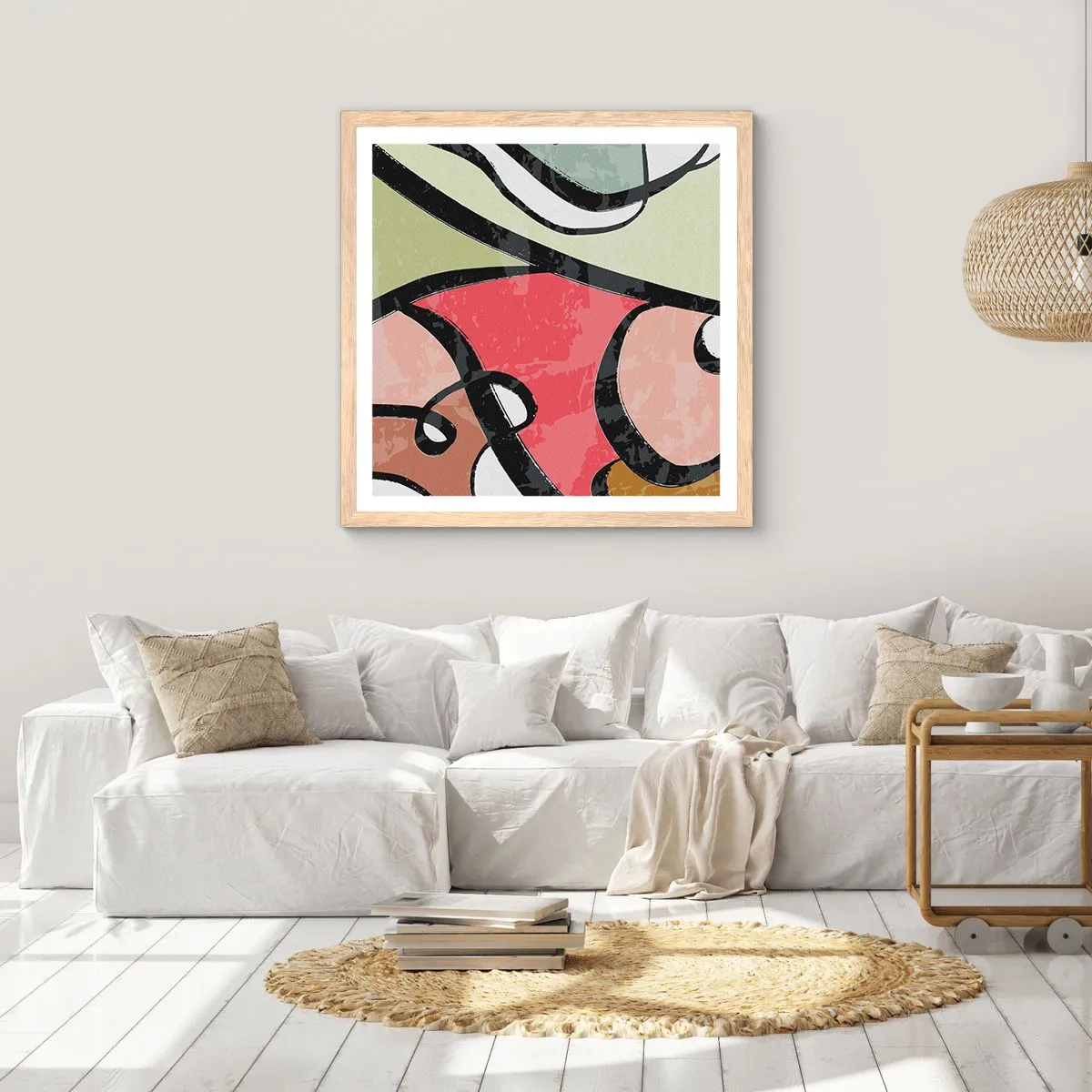 Plakat i ramme af lyst egetræ - Pirouetter blandt farver - 60x60 cm