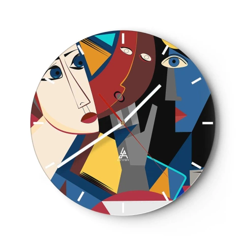 Vægur, Uret - Kubistiske ansigter i levende farver i en geometrisk komposition - 30x30cm - Kubistisk samtale - Moderne vægdekoration til stue, køkken og soveværelse ARTTOR