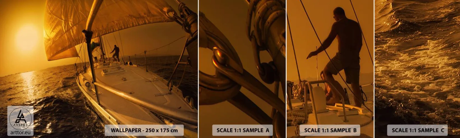 Fototapet Prøve Standard Eco - En gylden aften efter en broget dag - Maritime studier, Sejlbåd, Rejser - 100x30 cm