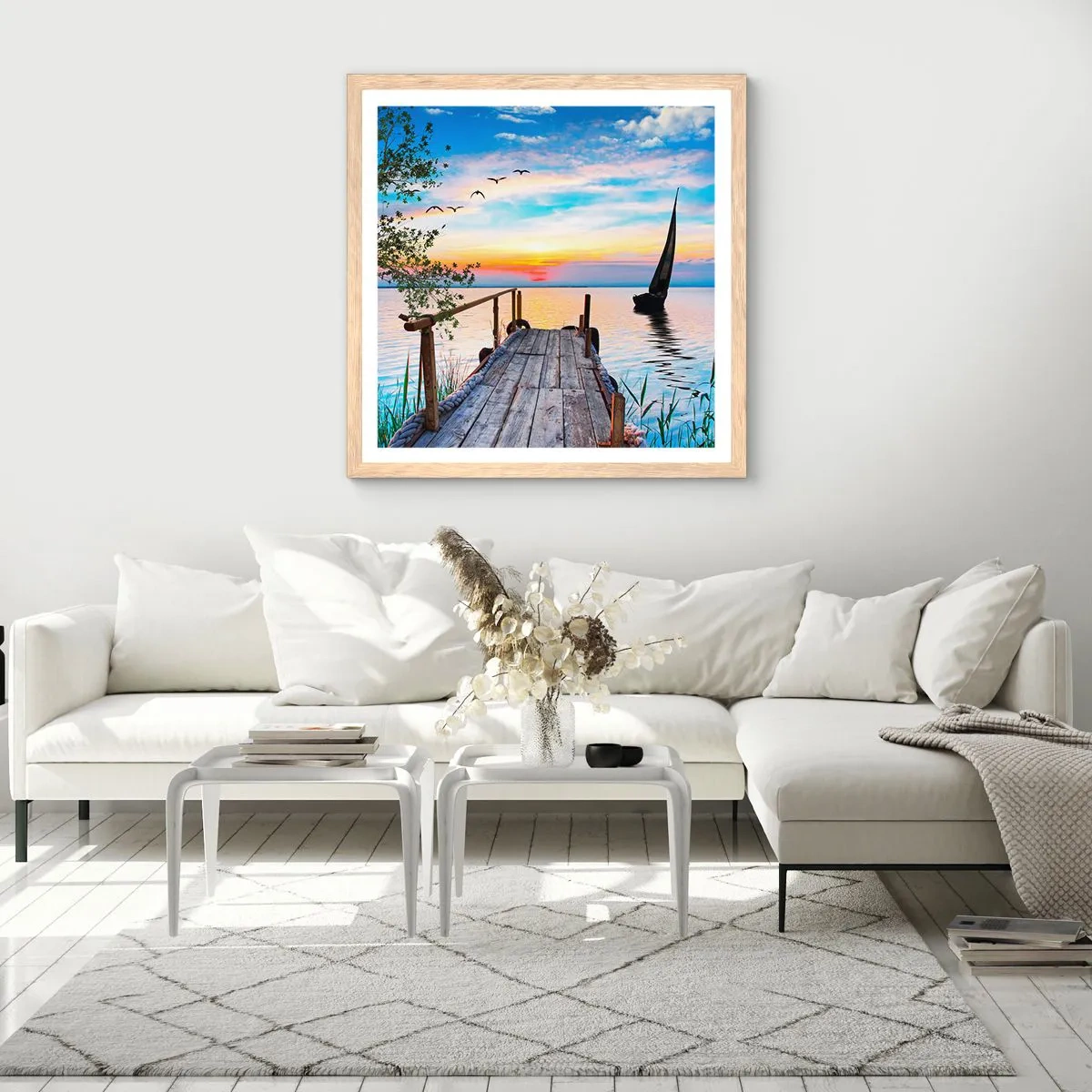 Plakat i ramme af lyst egetræ - Godaften - 60x60 cm