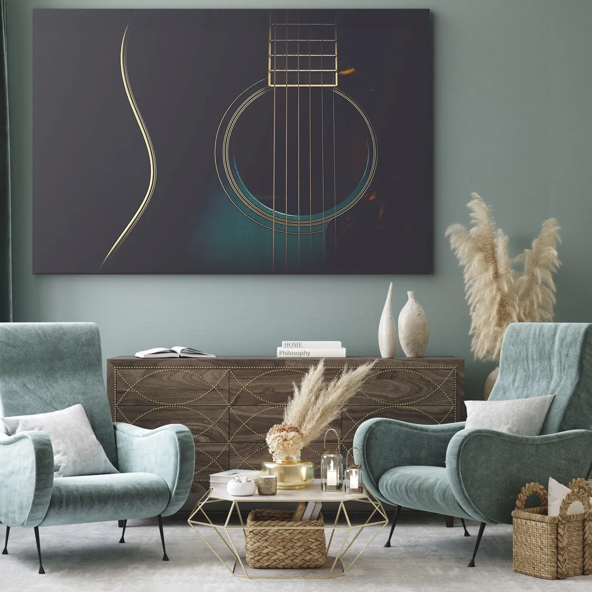 Lærredstryk - Billede på lærred - Akustisk guitar i mørkt, elegant lys - 70x50cm - Et øjeblik før det lyder - Moderne vægdekoration til stue og soveværelse ARTTOR
