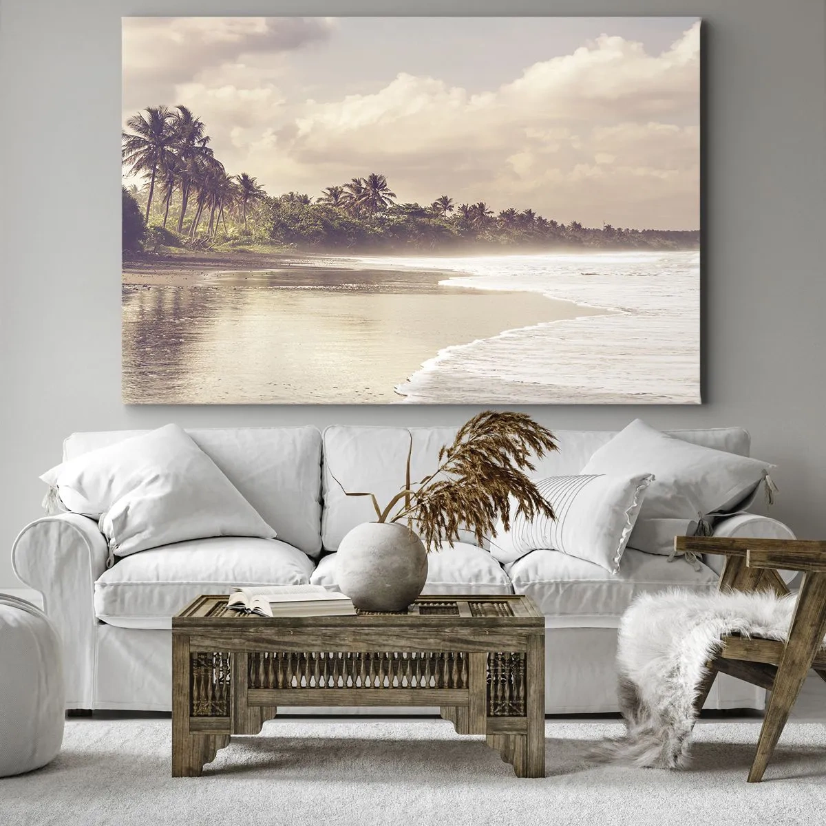 Lærredstryk - Billede på lærred - En strand med palmer og blide bølger om morgenen - 70x50cm - Kærtegner bølgerne - Moderne vægdekoration til stue og soveværelse ARTTOR