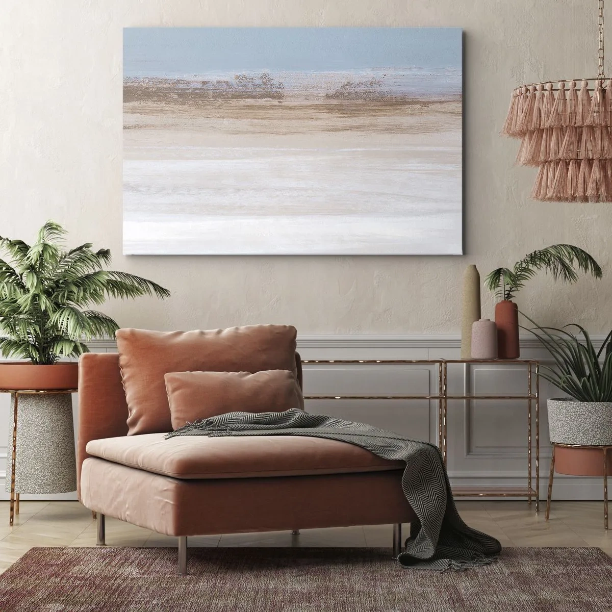 Lærredstryk - Billede på lærred - Et diskret landskab i pastelfarver af blå og beige - 70x50cm - Tvetydigt landskab - Moderne vægdekoration til stue og soveværelse ARTTOR