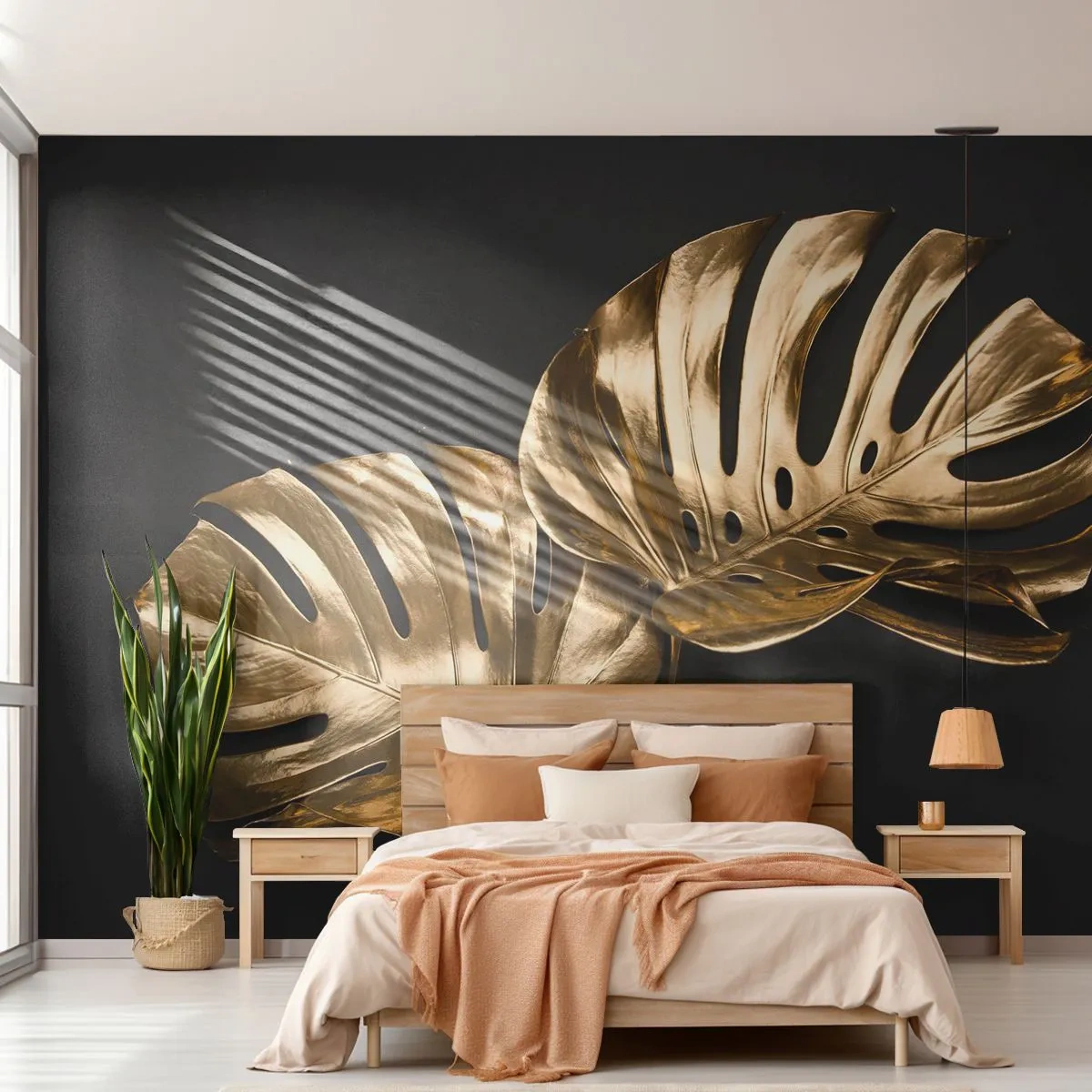 Fototapet Premium Sand - Naturens skatte - Abstraktion, Gyldne Blade, Monstera blad - 300x210 cm