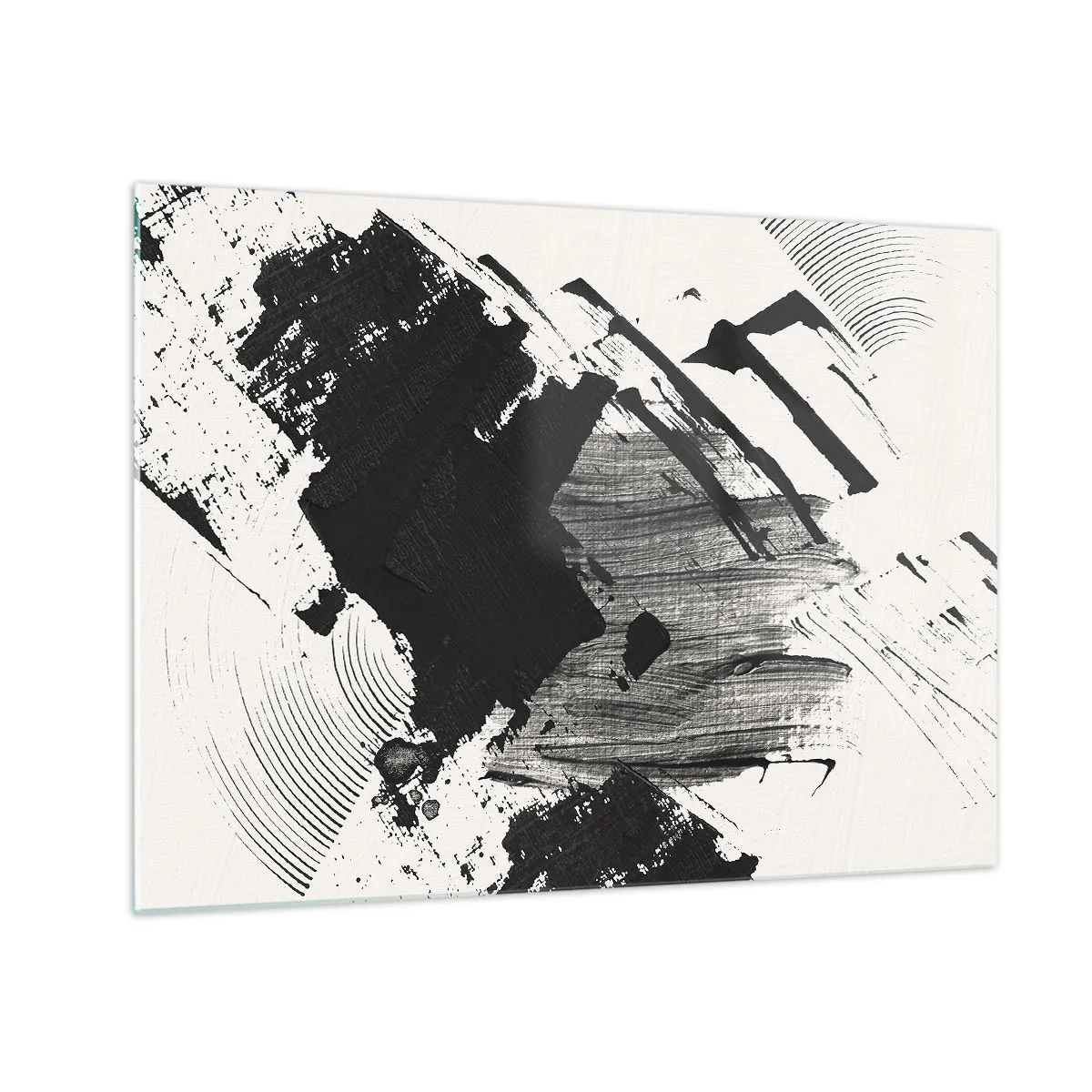 Billede på glas - Ekspressiv abstraktion i sort-hvid med dynamiske penselstrøg. - 70x50cm - Abstraktion - det sortes udtryk - Moderne vægdekoration til stue og soveværelse ARTTOR