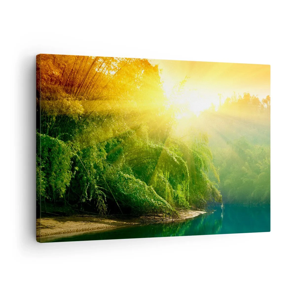 Lærredstryk - Billede på lærred - En grøn skov ved floden, oplyst af den opgående sols stråler - 70x50cm - Drukner i sol og skygge - Moderne vægdekoration til stue og soveværelse ARTTOR