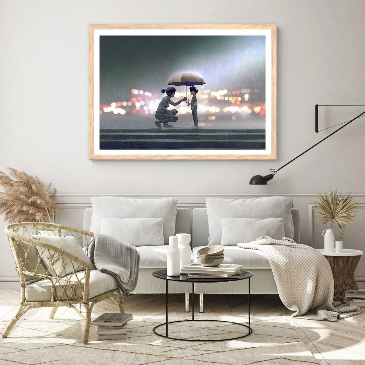 Plakat i ramme af lyst egetræ - Og alt er godt nu - 100x70 cm