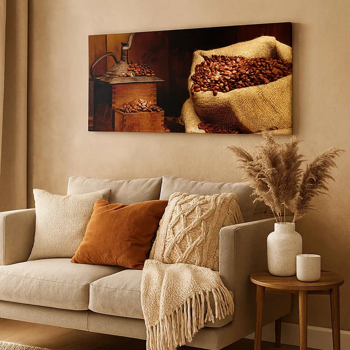 Lærredstryk - Billede på lærred - Stilleben med kaffebønner og kværn - 30x30 cm