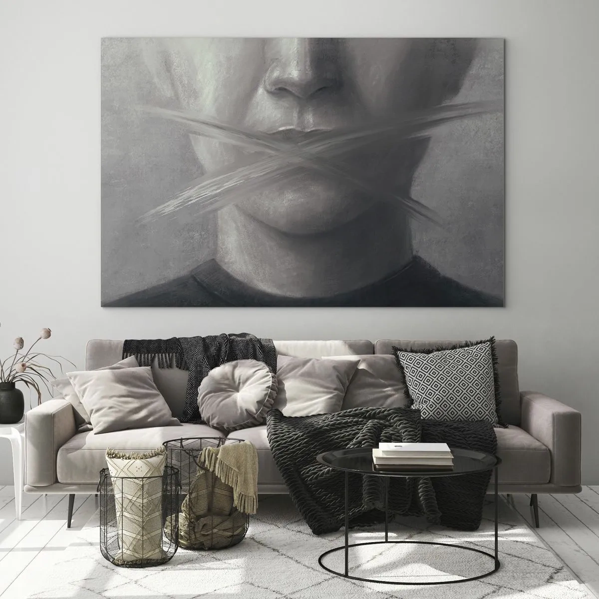 Billede på glas - Portræt af en person med udtværede læber i grå nuancer - 70x50cm - Ikke et ord - Moderne vægdekoration til stue og soveværelse ARTTOR
