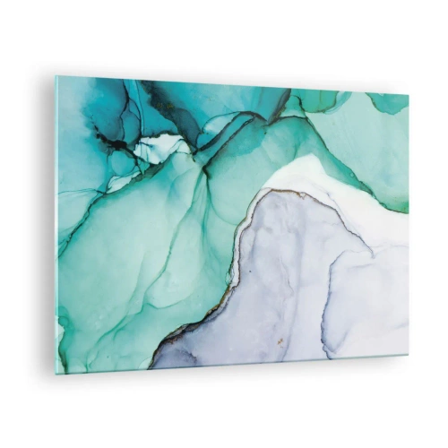 Billede på glas - Et abstrakt maleri i nuancer af turkis og hvid med fine revner. - 70x50cm - Undersøgelse i turkis - Moderne vægdekoration til stue og soveværelse ARTTOR