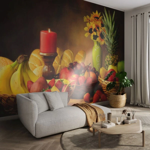 Fototapet Premium Canvas - Stilleben med brød og frugt - Gastronomi, Blomster, Frugt - 500x350 cm