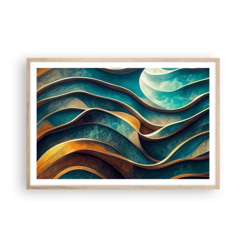 Plakat i ramme af lyst egetræ - Slyngninger af blåt - 91x61 cm