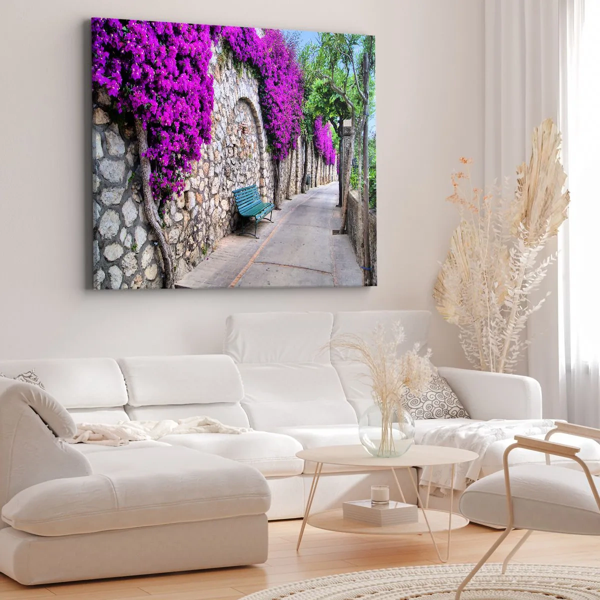 Lærredstryk - Billede på lærred - En stensti med en bænk og blomstrende lilla blomster - 70x50cm - Lad os mødes så hurtigt som muligt - Moderne vægdekoration til stue og soveværelse ARTTOR