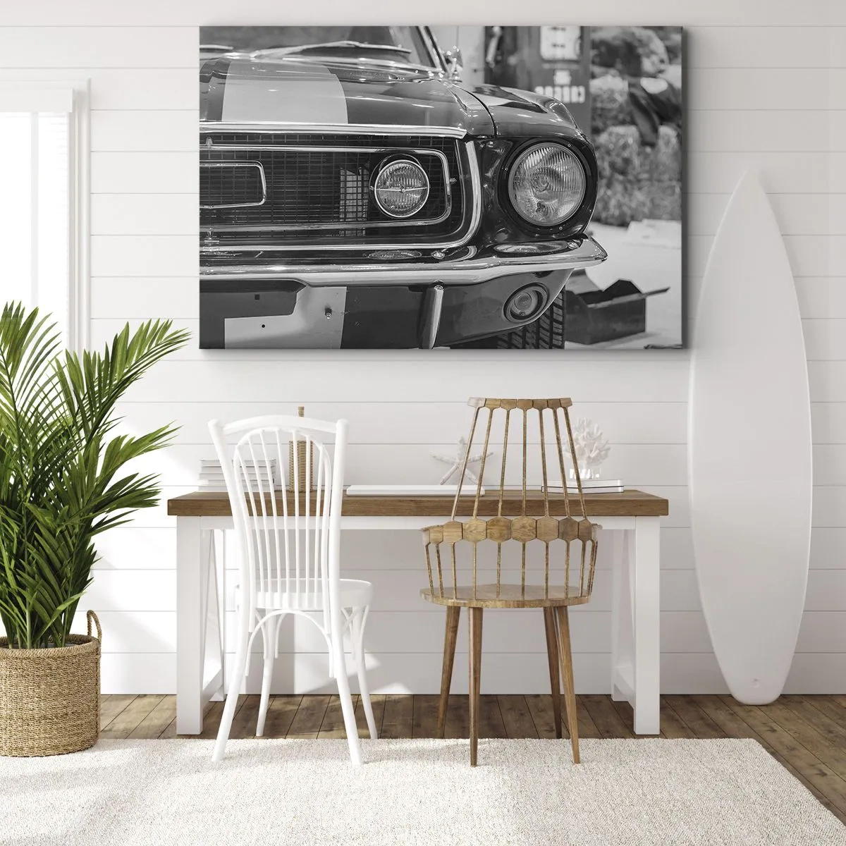 Lærredstryk - Billede på lærred - Sort og hvid klassisk bilhjelm - 70x50cm - Hård kørsel - Moderne vægdekoration til stue og soveværelse ARTTOR