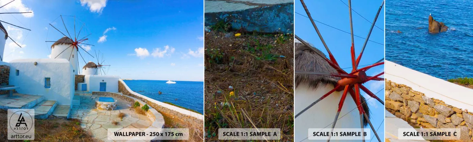 Fototapet Prøve Standard Eco - Blå vind fra havet - Arkitektur, Landskab, Grækenland - 100x30 cm