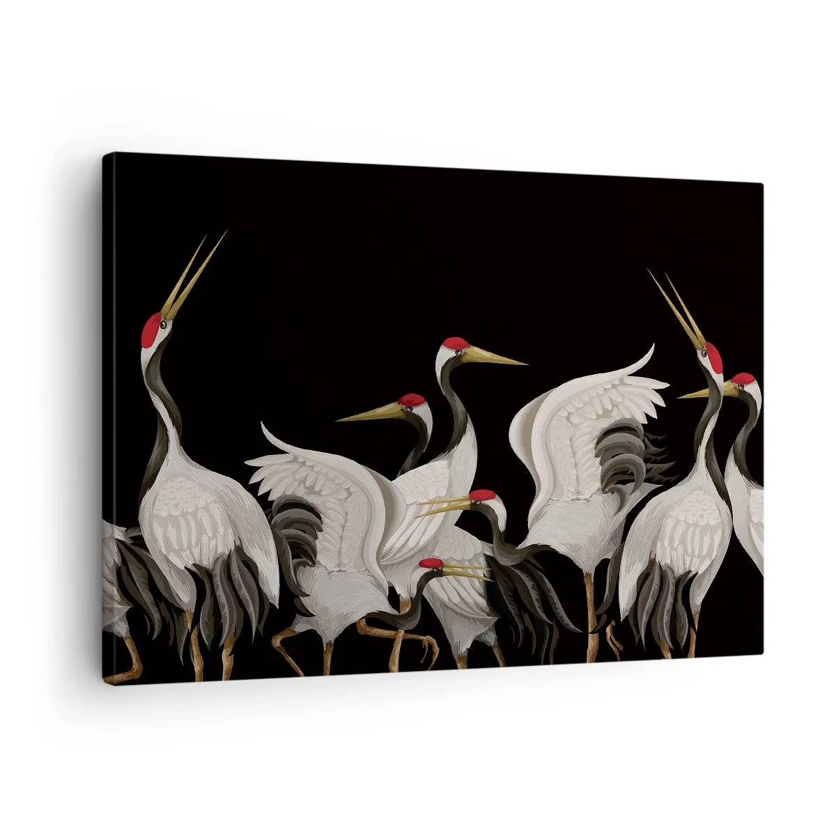 Lærredstryk - Billede på lærred - Hvide traner med røde accenter på en sort baggrund - 70x50cm - Fugle anliggender - Moderne vægdekoration til stue og soveværelse ARTTOR