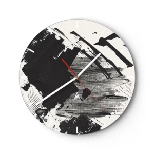 Vægur, Uret - Dynamisk sort-hvid abstraktion med brede penselstrøg - 30x30cm - Abstraktion - det sortes udtryk - Moderne vægdekoration til stue, køkken og soveværelse ARTTOR