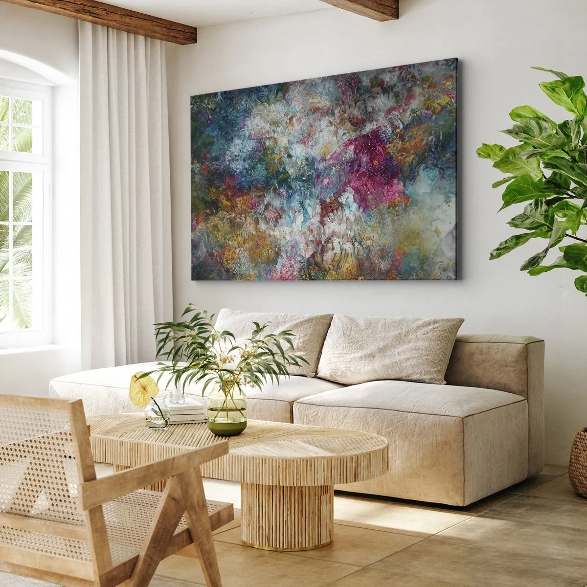 Lærredstryk - Billede på lærred - En farverig abstraktion, der ligner blomster i blomst - 70x50cm - I fuldt flor - Moderne vægdekoration til stue og soveværelse ARTTOR