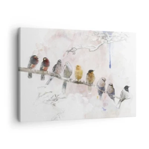 Lærredstryk - Billede på lærred - Farverige fugle på en gren i akvarelstil - 70x50cm - Møde med vinger - Moderne vægdekoration til stue og soveværelse ARTTOR