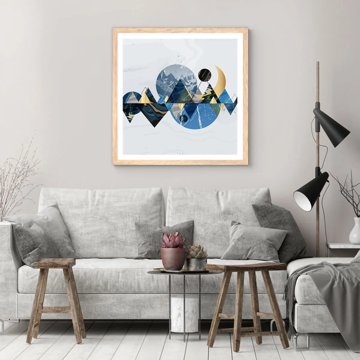 Plakat i ramme af lyst egetræ - Geometrisk landskab - 30x30 cm