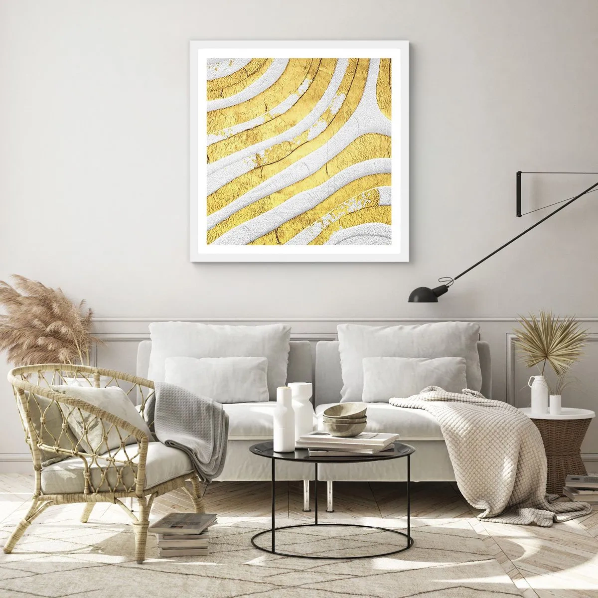 Plakat i hvid ramme - Sammensætning i hvidt og guld - 30x30 cm
