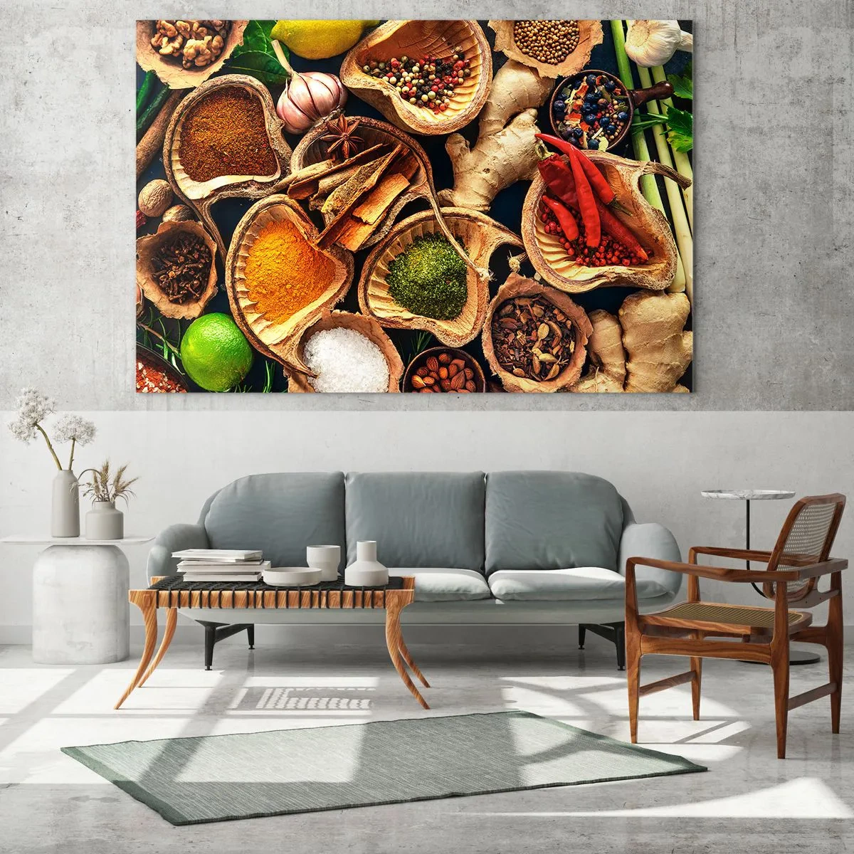 Billede på glas - Farverige krydderier i naturlige beholdere med tilsætningsstoffer - 70x50cm - Tag, hvad du vil have - Moderne vægdekoration til stue og soveværelse ARTTOR