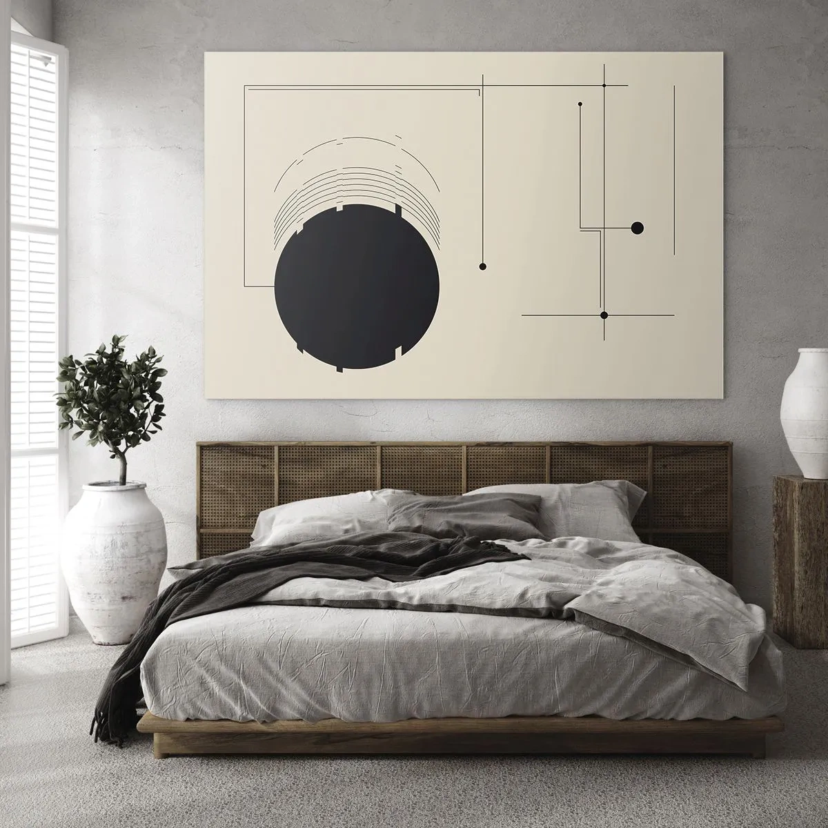 Billede på glas - Abstrakt komposition med en sort cirkel og geometriske linjer - 70x50cm - Fjedrende og dynamisk komposition - Moderne vægdekoration til stue og soveværelse ARTTOR