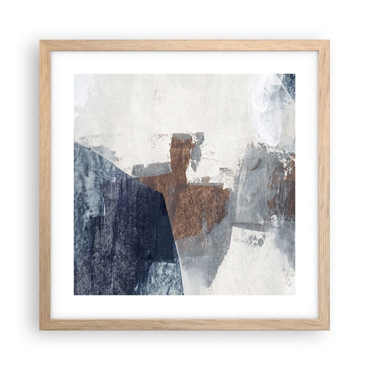 Plakat i ramme af lyst egetræ - Blåbrune former - 40x40 cm