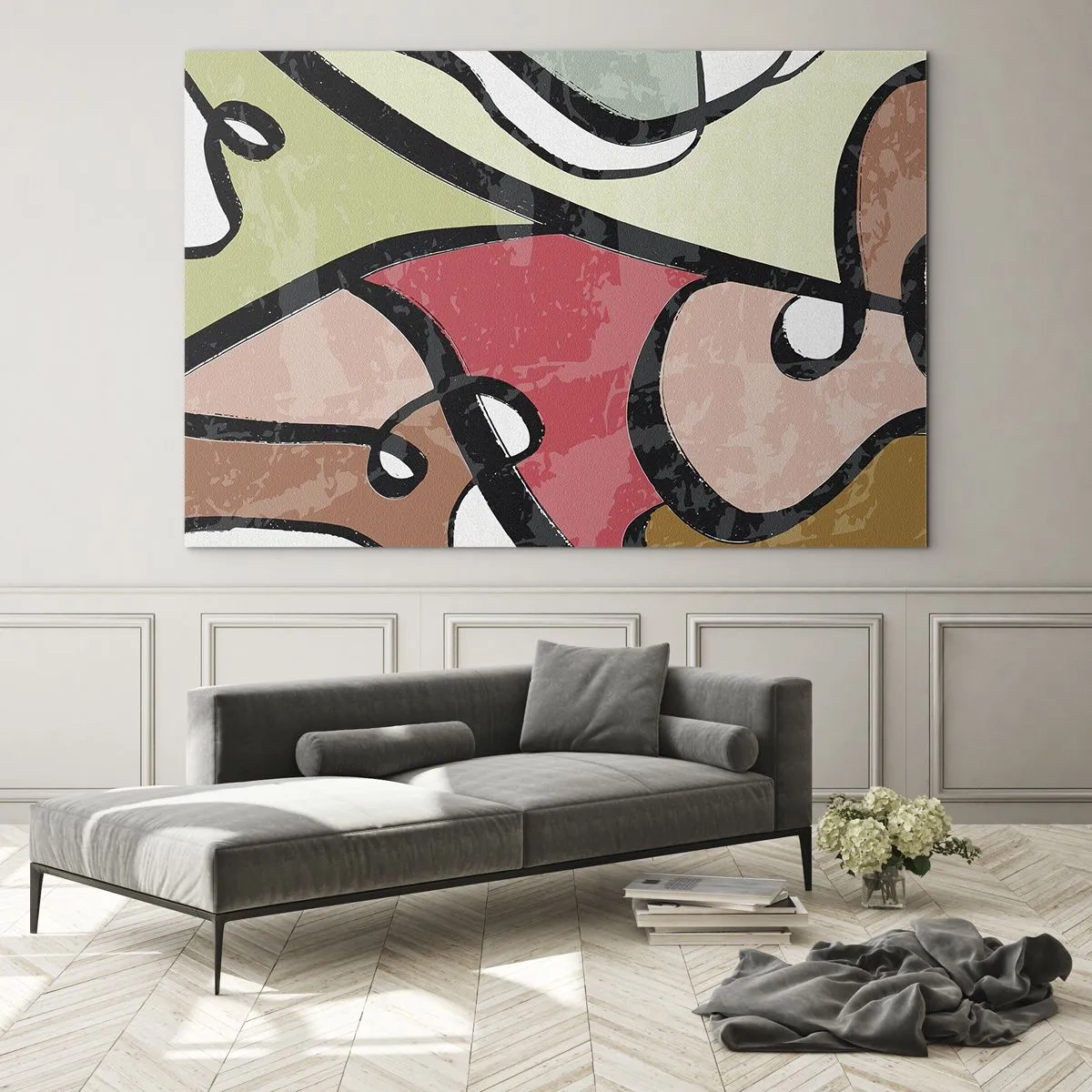 Billede på glas - Farverig abstraktion med sorte linjer - 70x50cm - Pirouetter blandt farver - Moderne vægdekoration til stue og soveværelse ARTTOR